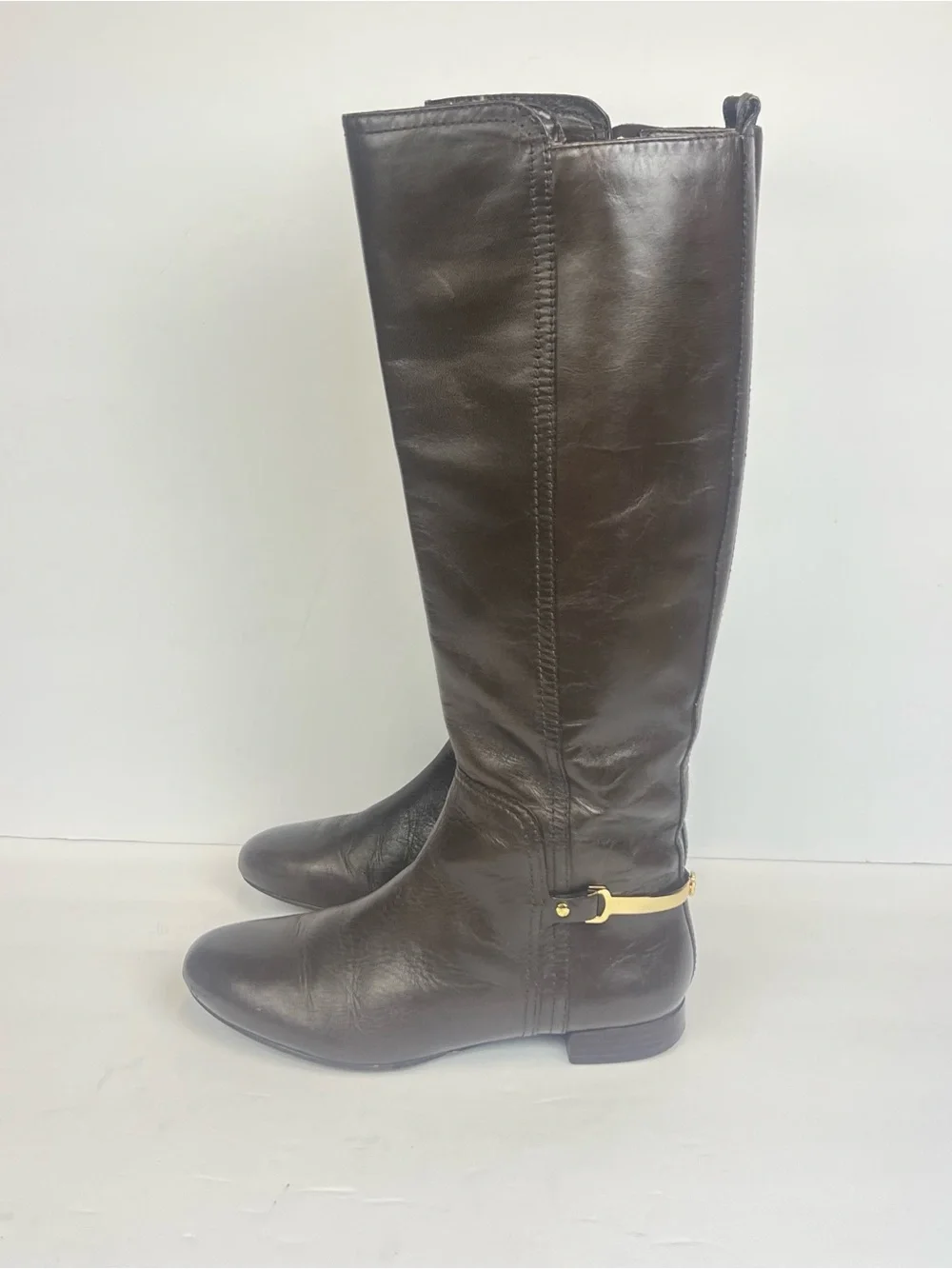 Tory Burch Dark Brown Leather Knee-High Boots with Gold Accents 6.5 M